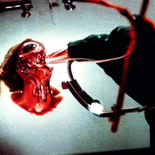 Image similar to filmic extreme wide shot dutch angle movie still 35mm film color photograph of a doctor getting his head sliced clean in half, dripping blood, in the style of an intense nightmarish realistic very disturbing extreme horror film