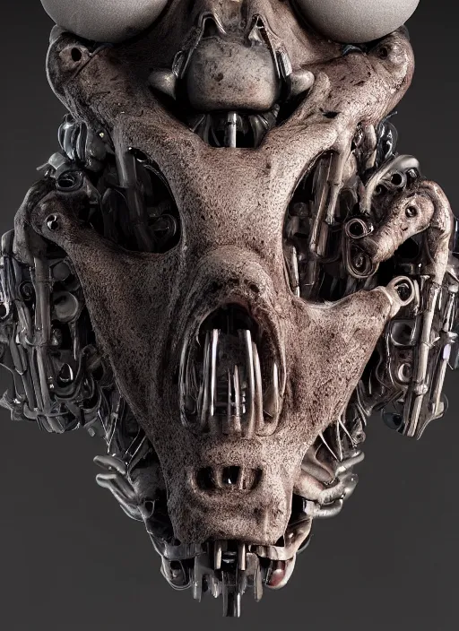 Image similar to a close up of a creepy looking biomechanical animal head face portrait, gigeresque cyberpunk art by ikuo hirayama, photorealism, octane render, behance hd, polycount