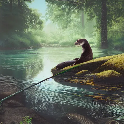 Image similar to painting of otter-fishman with fishing rod, stylized, octane render, morning forest river