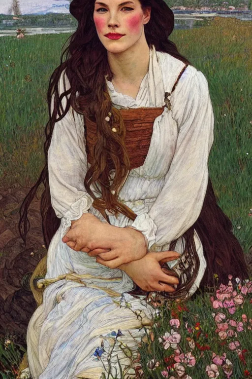 Image similar to beautiful natural coy liv tyler cottagecore peasant maiden farmer girl by the riverside, intricate, elegant, highly detailed, digital painting, artstation, concept art, smooth, sharp focus, illustration, art alphonse mucha and james gurney and egon schiele