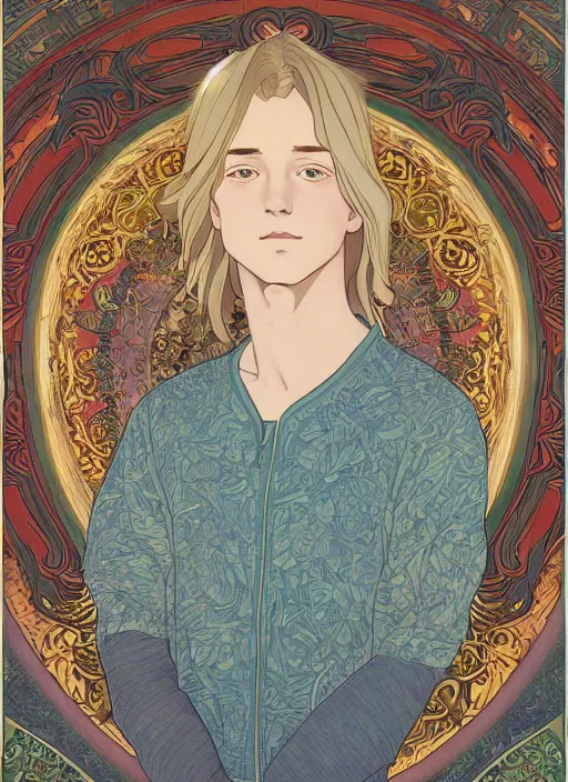 Image similar to book cover, pretty young man with shoulder length blond hair, male, half body shot, flower pattern background, path traced, highly detailed, high quality, digital painting, by studio ghibli and alphonse mucha, leesha hannigan, hidari, art nouveau, chiho aoshima, jules bastien - lepage