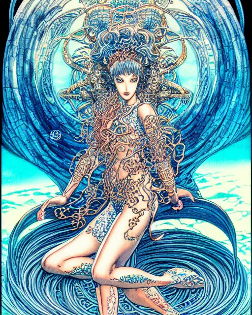 Image similar to hyper detailed illustration of the goddess of the ocean, intricate linework, lighting poster by moebius, ayami kojima, 90's anime, retro fantasy