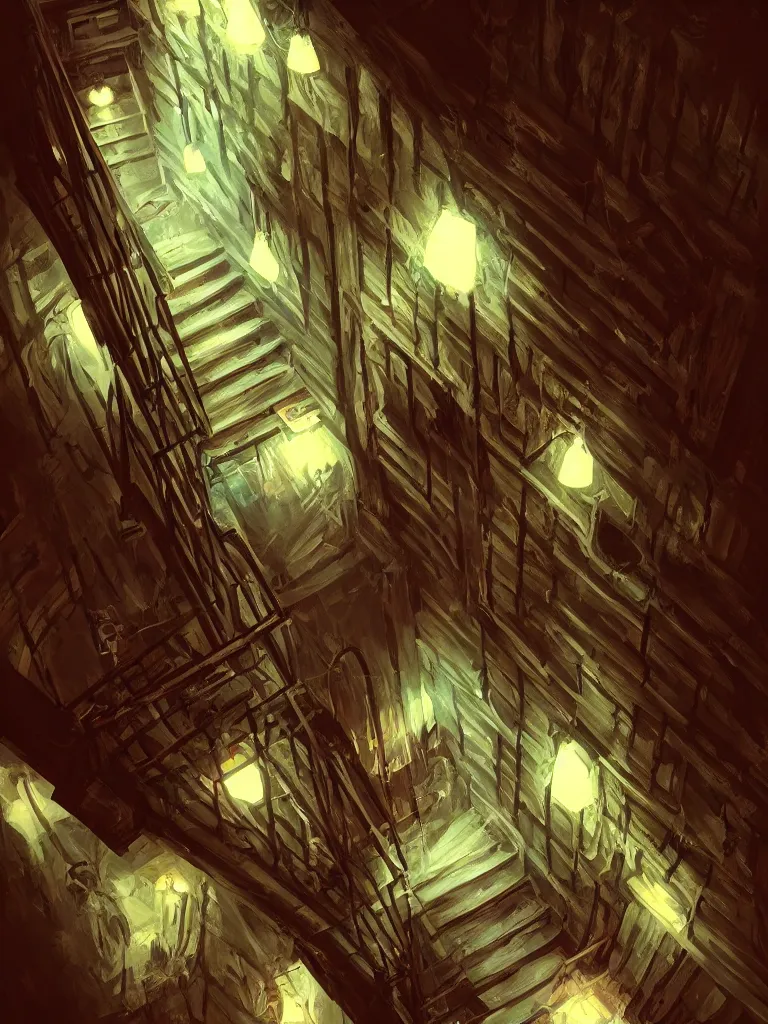 Image similar to look down a cellar staircase, neon lights, bird‘s-eye view, digital painting, concept art, smooth, sharp focus, hyperrealistic, illustration, artstation trending