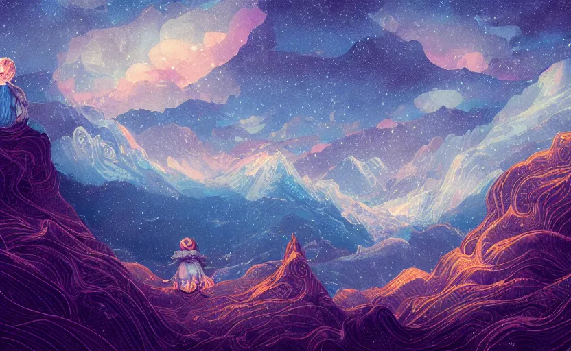 Prompt: mountains, stars and paisley filled sky, artstation, intricate, highly detailed, digital painting, concept art, sharp focus, illustration by Benjamin Lacombe and Yoshitaka Amano