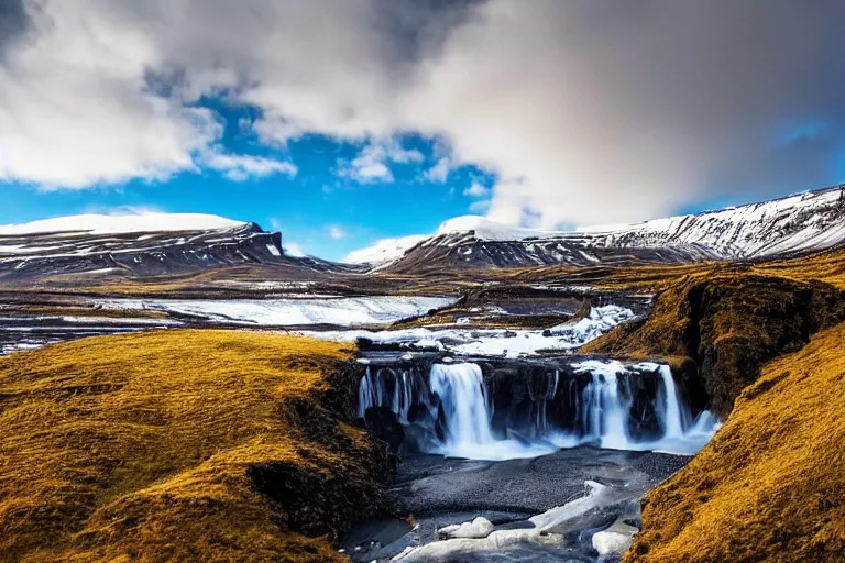 Prompt: photo of a landscape with mountains with waterfalls and snow on top, wallpaper, iceland, new zeeland, professional landscape photography, sunny, day time, beautiful