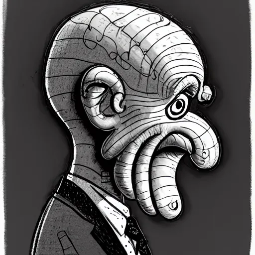 Image similar to a realistic yet scraggly portrait sketch of the side profile of a stern and sophisticated squidward tentacles, trending on artstation, intricate details, in the style of frank auerbach, in the style of sergio aragones, in the style of martin ansin, in the style of david aja, in the style of mattias adolfsson