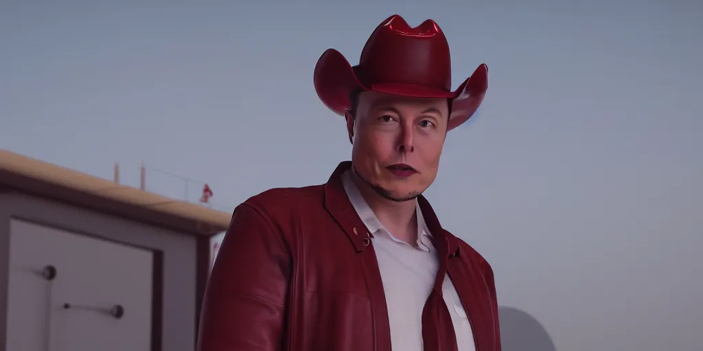 Image similar to 3d render of elon musk wearing a red cowboy hat, octane, 4k