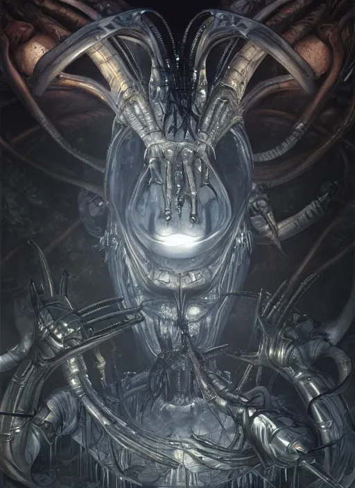 Image similar to alien vs predator physically accurate, moody dynamic lighting, very very intricate, very very elegant, highly detailed, digital painting, artstation, HR GIGER, Hieronymus Bosch, Francis Bacon, concept art, smooth, very beautiful, sharp focus, illustration, art by artgerm and greg rutkowski and alphonse mucha