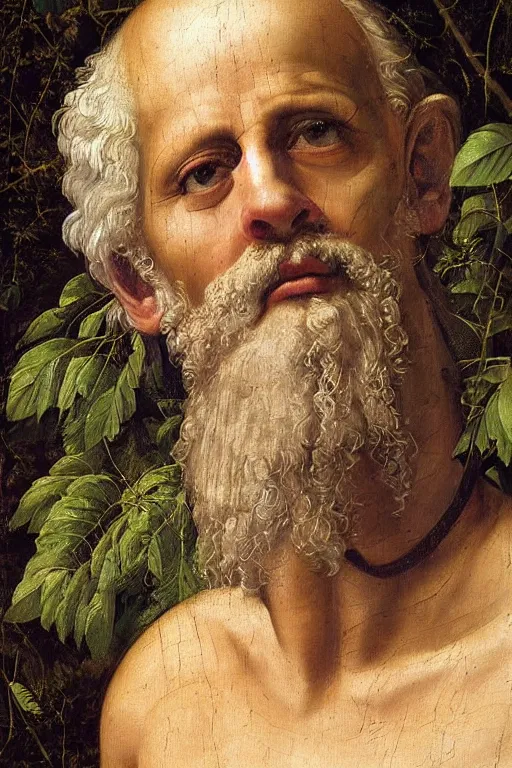 Prompt: renaissance painting of elder in the garden, closeup, short silver hair, face with scars, emotions closeup, dressed in roman armour, the beautiful garden with larch leaves everywhere, ultra detailed, art by Guido Reni style, Vincenzo Catena style