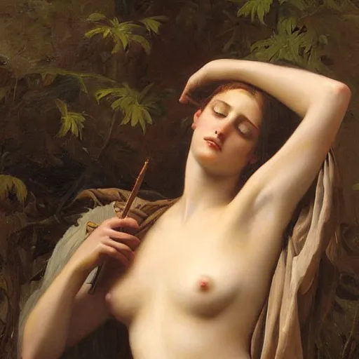 Image similar to oil painting of a beautiful woman mourning the death of a monster by Guillaume Seignac