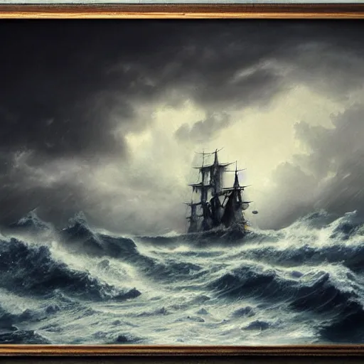 Prompt: Pirate ship with black sails in a stormy ocean with huge waves, cloudy dark sky, rays of god, by greg rutkowski, detailed, cinematic, intricate, epic