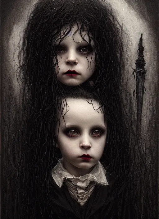 Prompt: highly detailed oil painting | very intricate | cinematic lighting | black, white and blood color scheme, dark background | portrait of a exquisite beautiful vampire little boy with long elegant tangles of black hair, eyes, gothic fog ambience, hyper realistic head, fantasy victorian art, in the style of greg rutkowski, zdizslaw beksinski, intricate, alphonse mucha