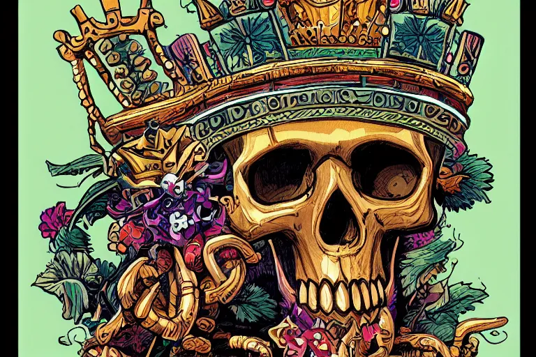 Prompt: aztec skull with crown of hops, digitally painted by Tim Doyle, Kilian Eng and Thomas Kinkade, centered, uncropped