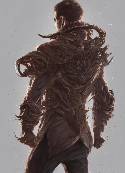 Image similar to a highly detailed illustration of thick wavy brown haired young white guy wearing brown coat and face mask, black mechanical arms on his back, dramatic standing pose, intricate, elegant, highly detailed, centered, digital painting, artstation, concept art, smooth, sharp focus, league of legends concept art, WLOP