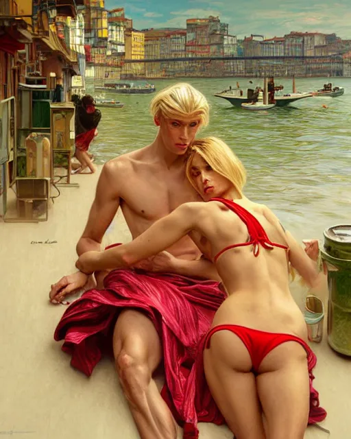 Image similar to Portrait of male model & a blonde woman wearing a green & red bikini cooking sardines in Porto,real life skin, intricate, elegant, highly detailed, artstation, concept art, smooth, sharp focus, art by artgerm and greg rutkowski and alphonse mucha
