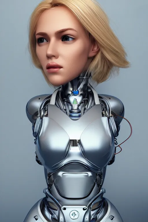 Image similar to a beautiful woman with blonde hair wearing robot suit with wires and light, highly detailed, photorealistic, artstation, smooth