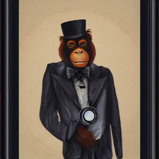 Image similar to framed portrait painting of an anthropomorphized orangutan, wearing a monocle and a small bowler hat, oversized mustache. dark outlining style. highly detailed