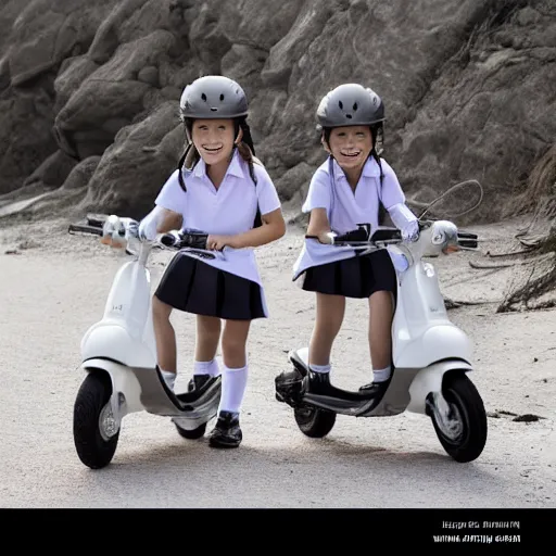 Image similar to very detailed stockphoto of two! little girls wearing a grey school uniform riding a scooter along the beach road