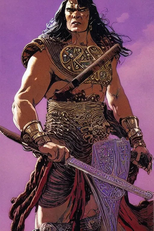 Image similar to a stunning and hypnotic full-color futuristic art nouveau styled action portrait of conan as a stoic barbarian king with stony and condemning eyes, extremely detailed and brusque swarthy facial structure, rune-engraved armor, perfectly symmetrical facial structure and linework, proud and honorable facial characteristics, by bill sienkiewicz, michael kaluta, michael whelan and travis charest, dark sci-fantasy, deep complexity, precisely accurate male muscle anatomy, muscular male hero, RPG character concept, photorealism, spectacular framing, minimalist lighting, hyperrealism, 8k