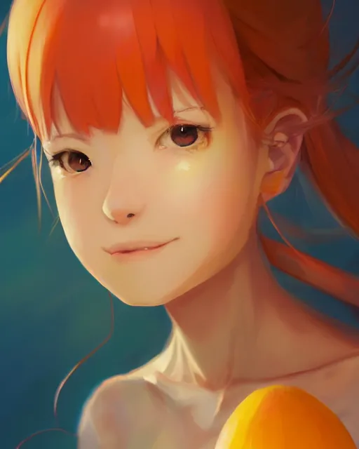 Image similar to a girl dressed as a mango fruit, mango color scheme, full shot, atmospheric lighting, detailed face, by makoto shinkai, stanley artgerm lau, wlop, rossdraws