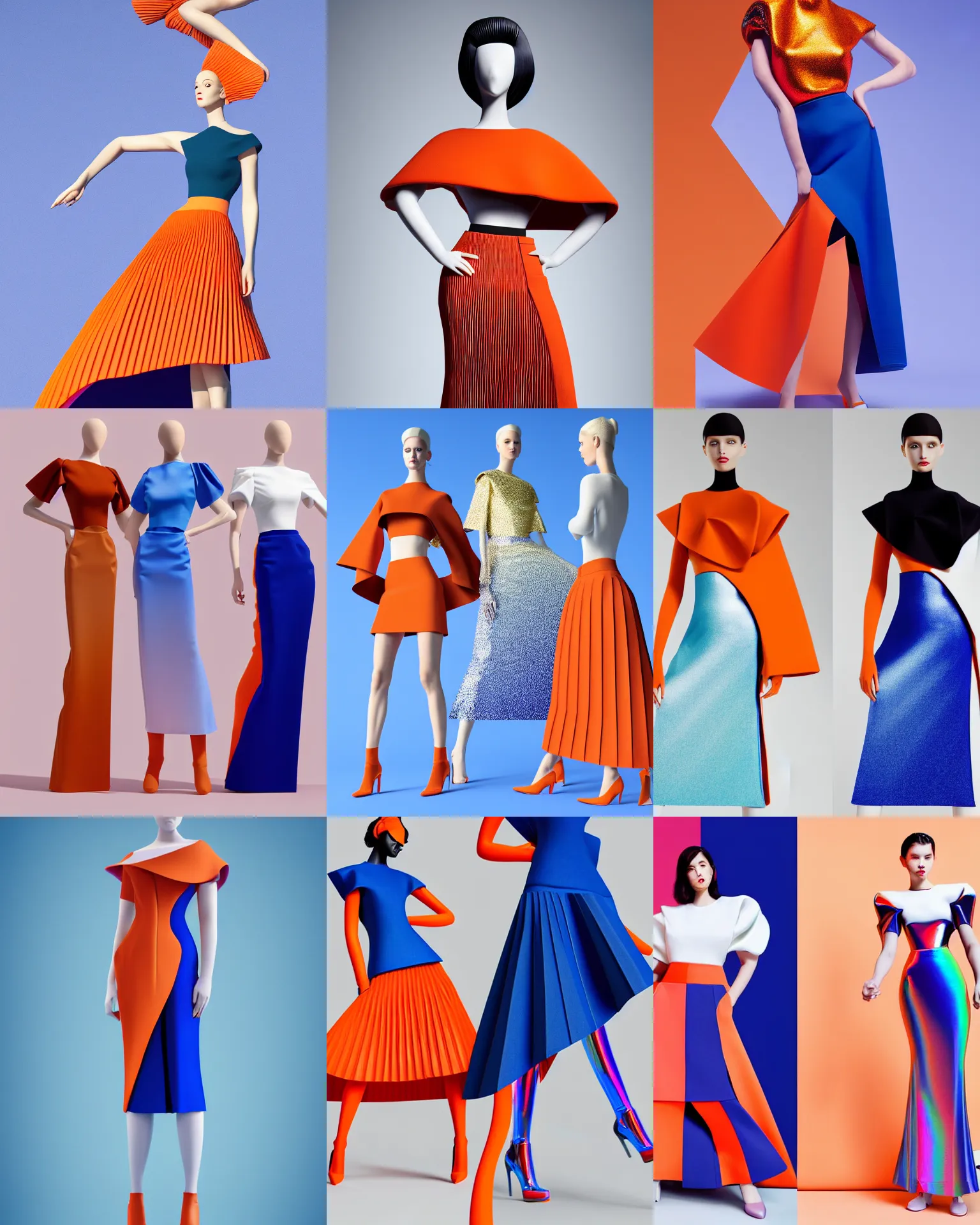 Prompt: designer figure collection intiguing shaped, accordion sleeve haute couture, sailor uniform, midi skirt, coated pleats, synthetic curves striking pose, dynamic folds, cute huge pockets, volume flutter, youthful, modeled by modern designer bust, body fitted dart manipulation, picton blue, orange gradient scheme, holographic tones, expert composition, professional retouch, editorial photography