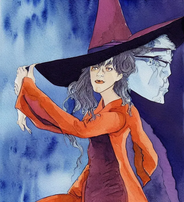 Image similar to a 3 / 4 view watercolor ink painting of velma as a wizard / vampire in the style of jean giraud in the style of moebius trending on artstation deviantart pinterest detailed realistic hd 8 k high resolution