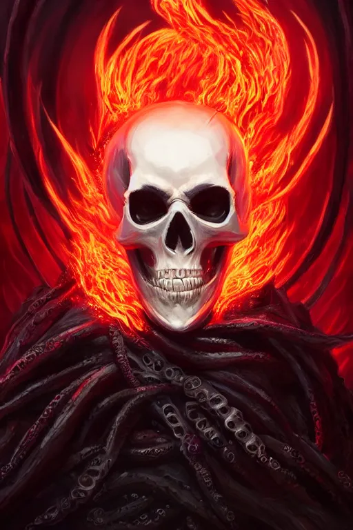 Image similar to A full body portrait of a mysterious character with a flaming skull with a very long hooded blood red and black cloak, tentacles coming out the ground art by Jason Chan and Gilles Beloeil, ominous, cosmic horror, trending on artstation, Ultra detailed, hyper realistic 4k