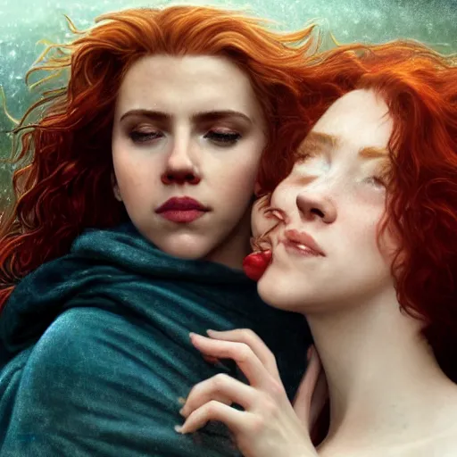 Image similar to an extremely detailed portrait of scarlett johansson and emma watson and christina hendricks as three polyamorous red haired vampire queens kissing in the rain sheltering under a large blue blanket, epic fantasy, viewed in profile from far away, sharp focus, detailed face, art by greg rutkowski and alphonse mucha, volumetric lighting, 4 k resolution, trending on artstation, masterpiece