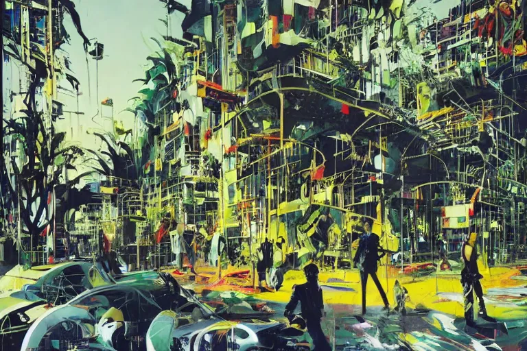 Image similar to a solarpunk white plastic wall by john berkey, covered in graphitti by banksy, basquiat, cleon peterson, dramatic cinematic lighting, manicured solarpunk greenery, high fashion futuristic people walk past