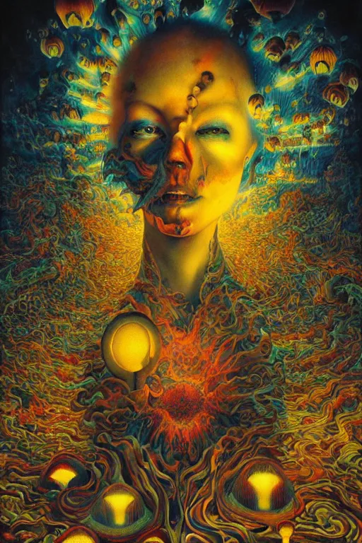 Image similar to hell, people suffering, evil spirits roam with lanterns, highly saturated colors, overdetailed art, holographic undertones, psychedelic lights and fog, zdzislaw, ayami kojima, yamamoto, barclay shaw, karol bak, hyperrealist, 8 k