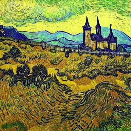 Prompt: beautiful gothic castle landscape in the style of Vincent Van gogh