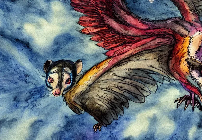 Prompt: legendary colorful winged possum flying over a medieval castle at night under the dark starred sky, dark fantasy, watercolor, dreaming illusion, highly detailed, 4k, trending on Artstation