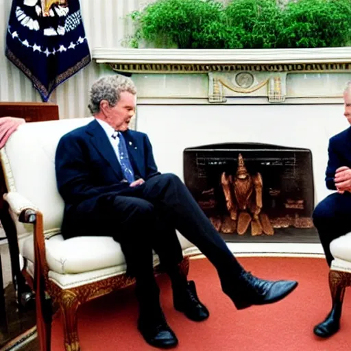 Prompt: an alien is talking with president bush, in oval office, realistic