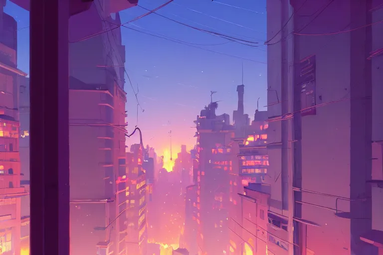 Image similar to view from the window on the night burning city, cory loftis, james gilleard, atey ghailan, makoto shinkai, goro fujita, studio ghibli, rim light, exquisite lighting, clear focus, very coherent, plain background, soft painting