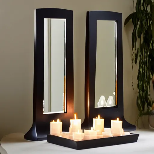 Prompt: lit candle between 2 mirrors, realistic, ultra high quality, reflective