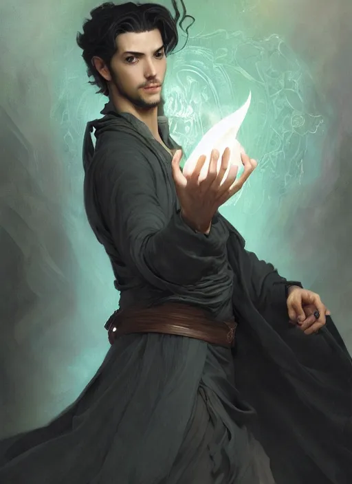 Image similar to character concept portrait of an attractive young Spanish wizard conjuring a death spell, a floating iridescent spell book in the center, intricate, elegant, digital painting, concept art, smooth, sharp focus, illustration, from Metal Gear, by Ruan Jia and Mandy Jurgens and William-Adolphe Bouguereau, Artgerm