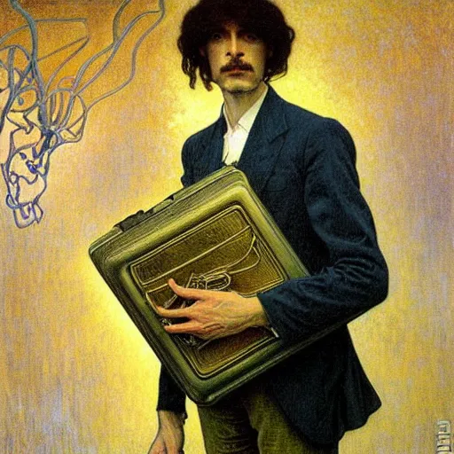 Image similar to realistic extremely detailed portrait painting of. an average. man with his. briefcase .in his. left hand . by Jean Delville, Amano, Yves Tanguy, Alphonse Mucha, Ernst Haeckel, Edward Robert Hughes, Roger Dean, pale muted pastel moody colors, gold eyes