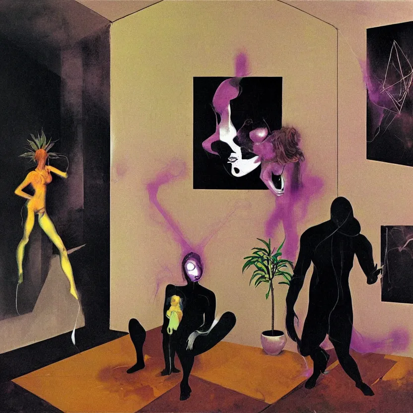 Prompt: Man and woman attached by love in a living room of a house, floating dark energy surrounds the middle of the room. There is one living room plant to the side of the room, surrounded by a background of dark cyber mystic alchemical transmutation heavenless realm, cover artwork by francis bacon and Jenny seville, midnight hour, part by adrian ghenie, part by jeffrey smith, part by josan gonzales, part by norman rockwell, part by phil hale, part by kim dorland, palette knife texture, smudged paint, muted cold colors, artstation, highly detailed