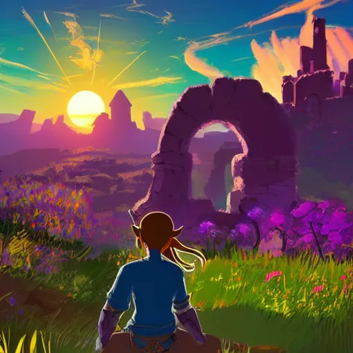 Image similar to Magical purple portal, castle ruins in background, sunset, glowing sun, miss, style of breath of the wild, studio ghibli