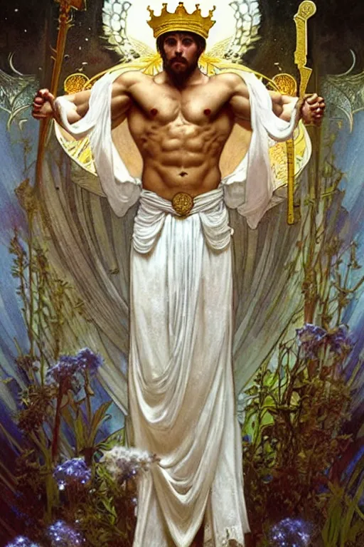 Prompt: a god wearing white clothes and golden crown, muscular, flowers, amazing, tarot art, painting by greg rutkowski and alphonse mucha