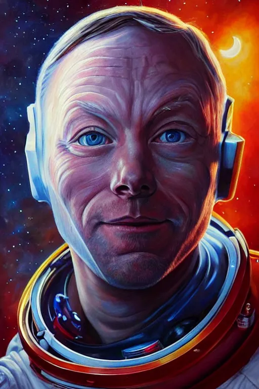 Prompt: beautiful oil painting with high detail of a wise Space man Neil Armstrong, hybrid from dungeons and dragons and art direction by James Cameron ;by artgerm; wayne reynolds art station; cinematic quality character render; low angle; ultra high quality model; production quality cinema model; ((zombie))