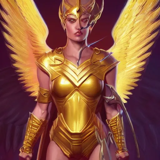 Prompt: archangel of fury, full-body portrait, Magic the Gathering, fantasy, portrait, highly detailed, digital painting, artstation, concept art, sharp focus, illustration, art by artgerm and greg rutkowski and magali villeneuve, red white and gold color scheme