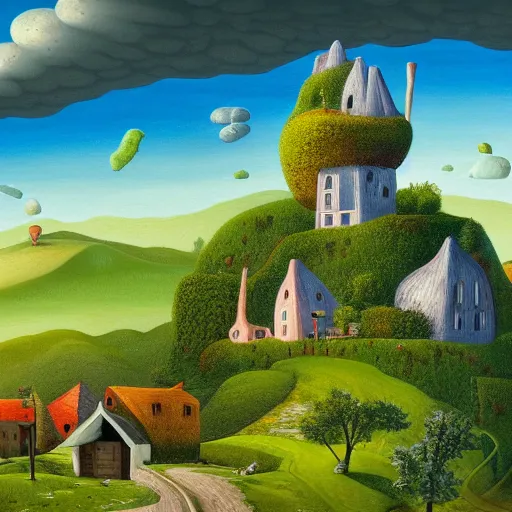 Prompt: a painting of a house on a hill, a detailed matte painting by Jacek Yerka, cg society contest winner, naive art, storybook illustration, 2d game art, matte background