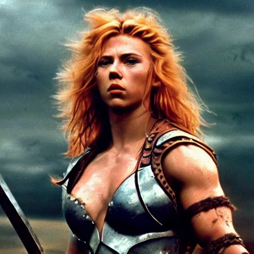 Prompt: epic photo of muscular scarlett johansson as beautiful barbarian warrior queen with long curly blonde hair, battle scene with a thousand warriors behind her in the background, sweaty, detailed eyes, neutral expression, shallow depth of field, photorealistic, cinematic lighting, lovely bokeh, warm colours, dusk, movie quality, conan the destroyer 1 9 8 5, movie still, cinemascope