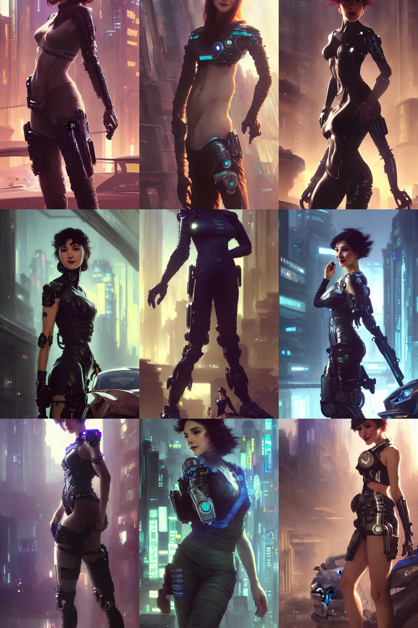 Prompt: a short hair beautiful girl in a cyberpunk costume is standing near ford mustang, smiling. masterpiece 4k digital illustration by Ruan Jia and Mandy Jurgens and Artgerm and william-adolphe bouguereau, award winning, Artstation, art nouveau aesthetic, Alphonse Mucha background, intricate details, realistic, panoramic view, Hyperdetailed, 8k resolution, intricate art nouveau