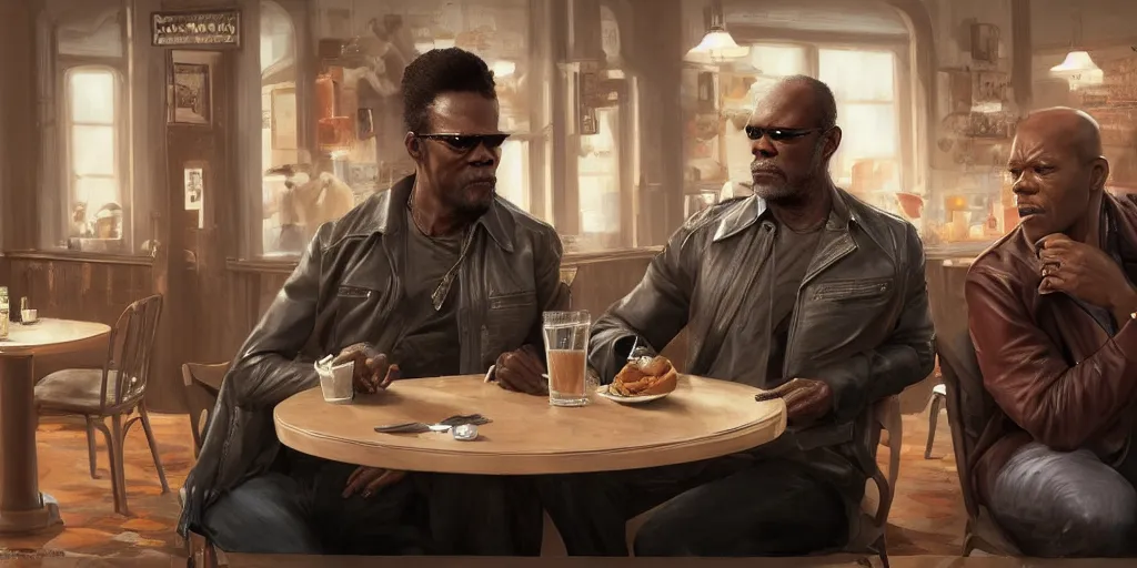 Prompt: painting highly detailed full - body samuel l jackson and john travolta posing in cafe, perfect symmetrical eyes, by eddie mendoza and tyler edlin, 8 k resolution, digital art, hyper realistic