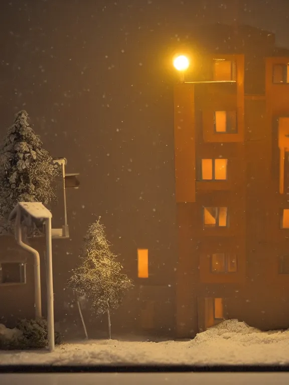 Image similar to small diorama a soviet residential building in soviet suburb, 9 0 s, lights are on in the windows, dark night, post - soviet yard, cozy and peaceful atmosphere, fog, cold winter, snowing, streetlamps with orange volumetric light, several birches nearby, two man fighting for bottle of vodka