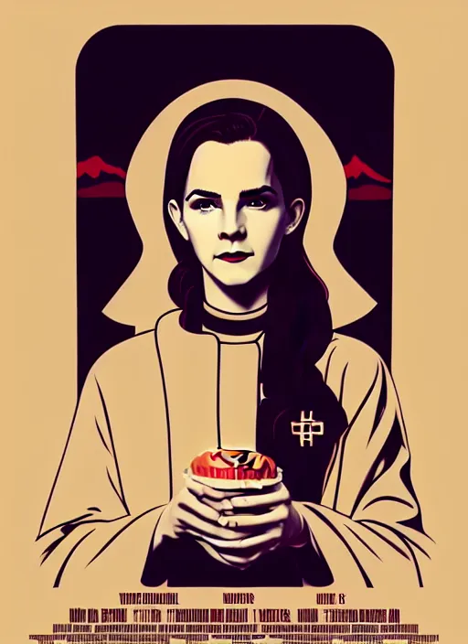 Prompt: Twin Peaks movie poster artwork by Michael Whelan and Tomer Hanuka, Rendering of Emma Watson dressed a nun sitting at a diner booth, from a scene from Twin Peaks, clean, full of detail, Matte painting, trending on artstation and unreal engine