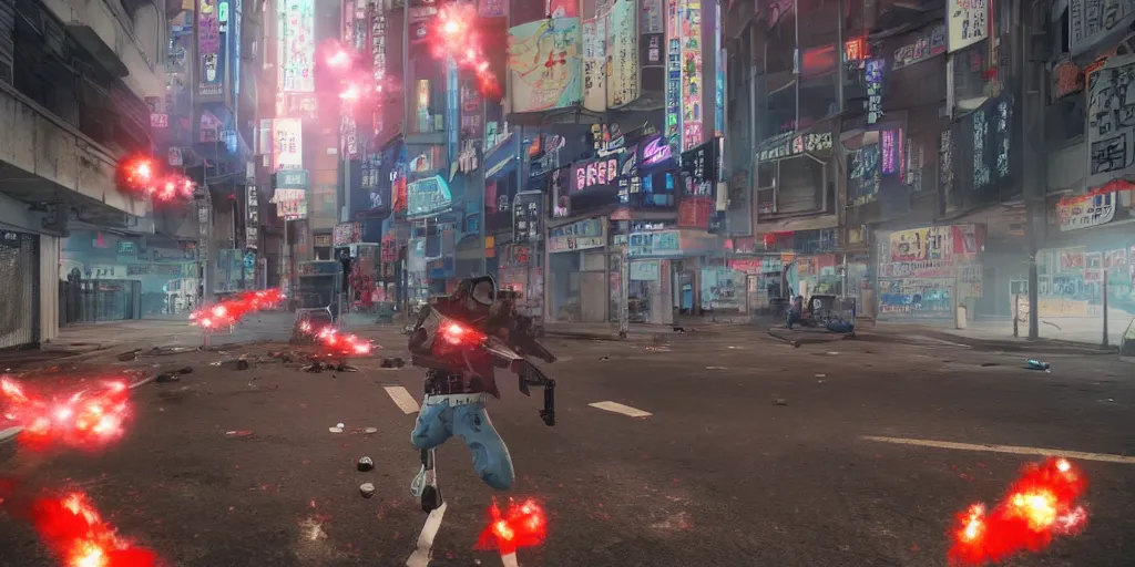 Image similar to 1991 Video Game Screenshot, Anime Neo-tokyo Cyborg bank robbers vs police shootout, bags of money, Police officer hit, Bullet Holes and Blood Splatter, Hostages, Smoke Grenade, Sniper, Chaotic, Cyberpunk, Anime VFX, Machine Gun Fire, Violent, Action, Fire fight, FLCL, Free-fire, Highly Detailed, 8k :4 by Katsuhiro Otomo + Studio Gainax + Arc System Works : 8