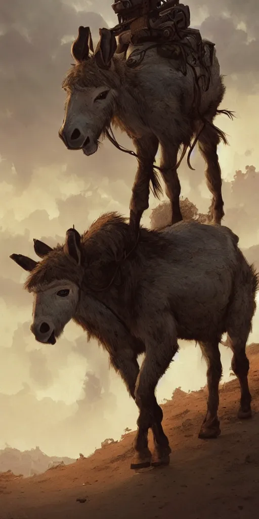 Prompt: a single wild donkey is roaming in a post - apocalyptic united states, highly detailed, digital painting, artstation, concept art, smooth, sharp focus, illustration, art by artgerm and greg rutkowski and alphonse mucha, 8 k